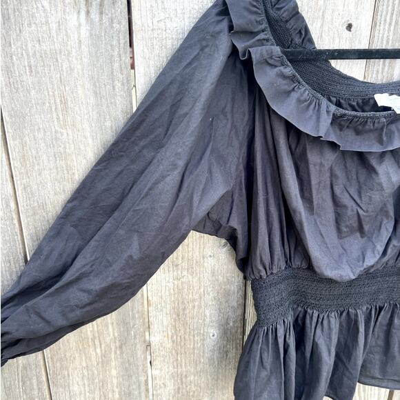 Adam Lippes | Smocked Off The Shoulder Cotton Blouse Black Size 12 Large - Picture 4 of 9